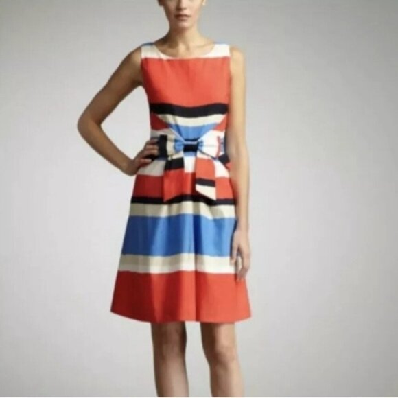 KATE SPADE Jillian Linen Blend Striped Bow-Waist Midi Dress Women's Size 6 - Picture 2 of 16
